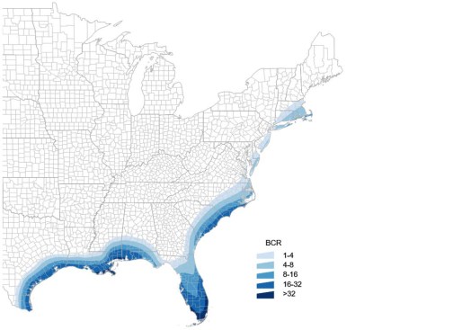 Benefit-cost ratio of hurricane-wind mitigation by increasing roof strength in new building construction to meet the requirements of the 2018 IRC and 2018 IBC (by wind band)