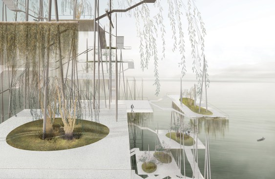 The Cloud Forest competition entry for Qianhai New City Center in Shenzhen, China, proposes 5.75 new hectares of public botanical gardens and a visual and performing arts center dramatically sited almost 500 feet over the Qianhai Bay.