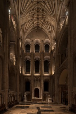 In the North Transept, gentle uplighting reveals the sculptural fan vaulting and historic features, such as the ornate carved bosses at the rib intersections.