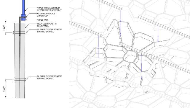 Section through acoustical system attachment to ceiling