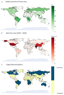 From the source: "Simplified supply-demand model for timber-based floor area globally by 2050. (A) Global overview of 2016 forest area as a percentage of land area according to data from the World Bank (n=264 countries). (B) New floor area required for 199 countries in the world between 2020 and 2050. (C) Global overview (n=199 countries) of the supply–demand balance for the construction of timber according to a recent analysis of material intensities in buildings. Countries in blue (n=42) have commercial forest area remaining when all new projected floor area in the country is built out of timber, whereas countries in yellow (n=157) do not have sufficient commercial forest area to meet the demand driven by the increase in floor area."