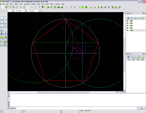 Pentagon made with a compass and straightedge on LibreCAD 2.0.0 beta (2013)