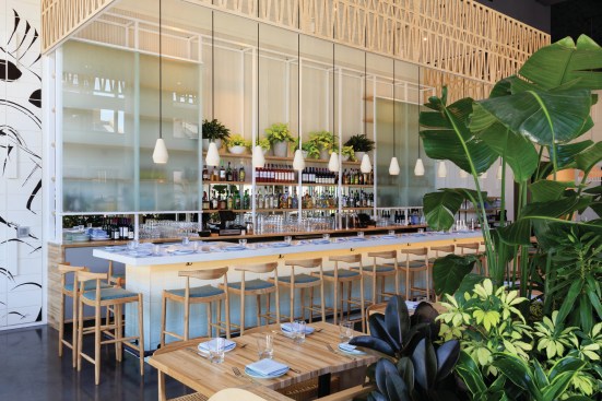 For the interiors of Otra Vez, a Mexican restaurant in New Orleans, Farouki Farouki pulled formal and material inspiration from the work of the Mexican Modernist architect Luis Barragán and the architecture along the coast of Mexico.