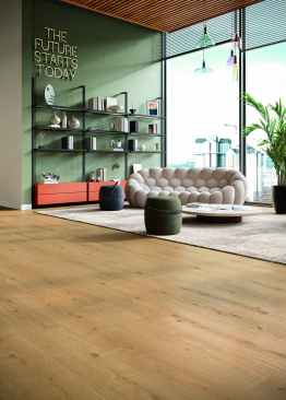 Parador's eco-friendly Modular One design, a PVC free, water-resistant flooring is almost impossible to distinguish from real wood in terms of look and feel.