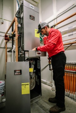Modern boilers such as U.S. Boiler Company’s Alpine condensing boilers pictured at a Seth Energy installation at Millennium Theatre in Lancaster, Pa., can be easily adjusted with onboard controls. Photo courtesy U.S. Boiler.