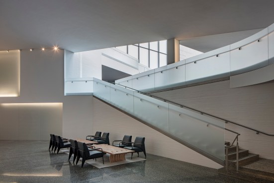 Stair from the Welcome Pavilion lobby to the lower level.