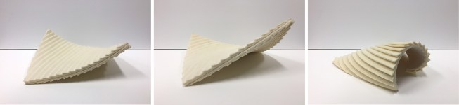 Left to Right: Baked panels with 30-degree front and back curvature; 45-degree curvature, and single-sided, curved shiplapped panels