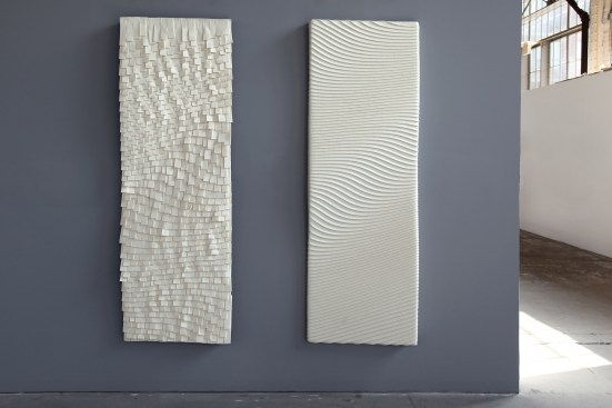 2x6 acoustic panels showing shingle (left) and shiplap (right) needle-felting techniques