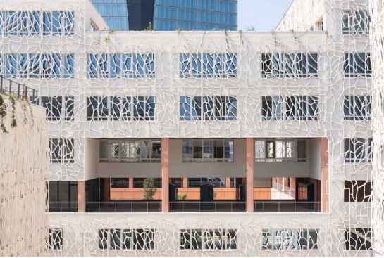 A more specialized technology is a bio-based facade trellis. This envelope product is the result of a collaboration between Bcomp, a fiber producer, and Temca, a composite manufacturer. Installed on the new Cité Scolaire Internationale Jacques Chirac school in Marseille, France, the trellis provides shade and imparts a distinctive visual pattern for the facade.