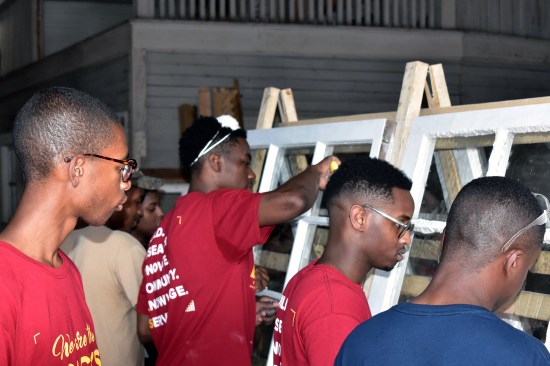 Workshop to restore the windows of the historic Shiloh-Rosenwald School in Notasulga, Ala. L to r: Nino Chambers, Darian Walker, Simone Obleton, Ahmad Mabry, Aaron Brown, Barry Howard II.