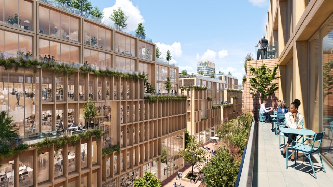 A rendering of Stockholm Wood City, to be built in Sweden.