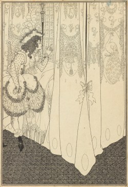 The subject of Aubrey Beardsley’s drawing “The Dream,” in the collection of the J. Paul Getty Museum, derives from a passage in Alexander Pope’s poem, “The Rape of the Lock”: “Twas he has summon'd to her silent Bed / The Morning Dream that hover’d o’er her Head. / A Youth more glitt’ring than a Birth-Night Beau. . . .”