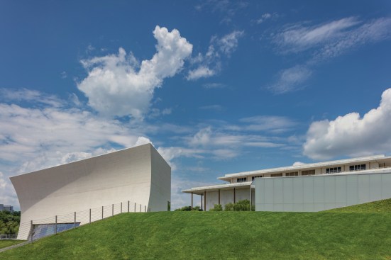 Skylight and Welcome Pavilions from the south with the Edward Durell Stone building beyond