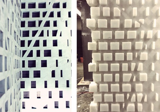 The formwork combines digital fabrication techniques utilizing water jet–cut silicon inlays with the time-tested technique of "lost wax molds." The silicon was used to cast the wax form, which is melted and reused after each concrete pour