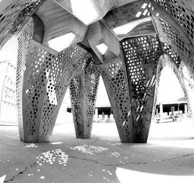 Thinness' light wells and perforations afford a high quality of light inside the pavilion