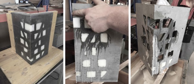 Small-scale test of how the wax was heated and melted after the concrete cured, leaving behind voids in the concrete