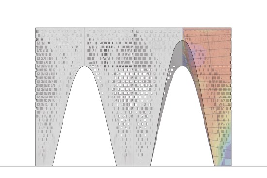 Grasshopper overlay of a Thinness column’s perforation pattern in conjunction with its stress map