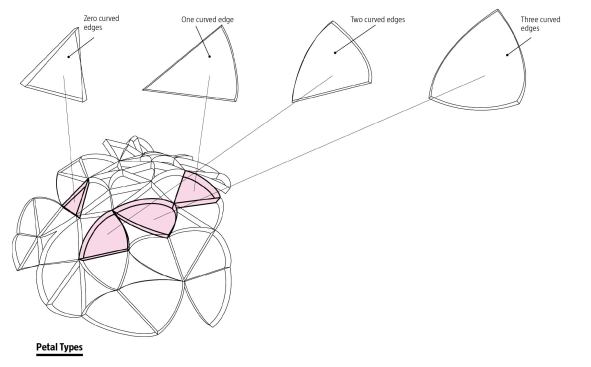 Four types of petals were used in construction—those with zero, one, two, or three curved edges. These petals were then placed and secured in a pattern that allows compression vaults to be formed.