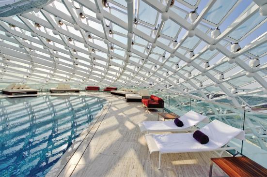 Pool deck under sunshade