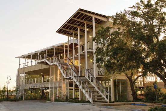 The Longfellow Civic Center in Bay St. Louis sits perched on top of a parking garage, which generates much of its own energy. The site was formerly the home of the county jail, which was demolished after Katrina.