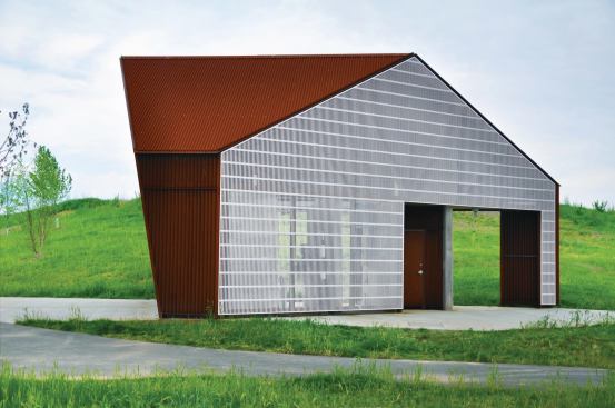 Exterior with view through metal siding