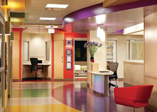 Pops of color provide visual relief throughout the facility, including the fifth-level intensive care nurses' station.