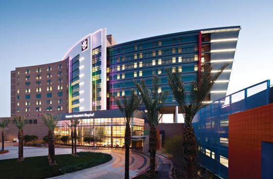 The new tower at Phoenix Children's Hospital evokes the image of a night-blooming desert flower. It is divided into three sections to reduce the effect of its overall scale and its curvilinear shape is designed to respond to Phoenix sun.