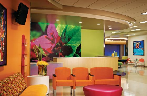Pops of color provide visual relief throughout the facility, including the waiting areas.
