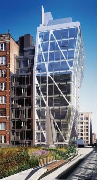 The building's reverse tapering was a strategy devised to make the most out of a small site, while still respecting the light and air needs of the surrounding buildings. The diagonal bracing was designed to properly support the unconventionally shaped structure and also contributes to the building's sculptural aesthetic.