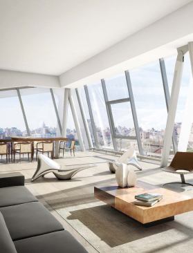 The apartment layouts change slightly with every unit because of the building's shifting floor plates. Interior architect Thomas Juul- Hansen focused on giving each space clean, high-end finishes, including stone slab counters and Miele appliances. His approach was to do the basic fixtures right the first time, so that buyers will not feel compelled to rip out a kitchen or bathroom and start afresh.