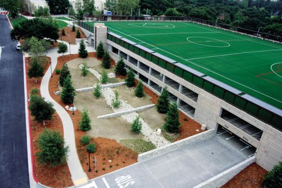 Pomona College South Parking Structure

Claremont, Calif.



Ehrlich Architects and Watry Designs

A rooftop field for lacrosse and soccer camouflages a 608-car garage, which both consolidates parking and opens up surface lots for college expansion.

