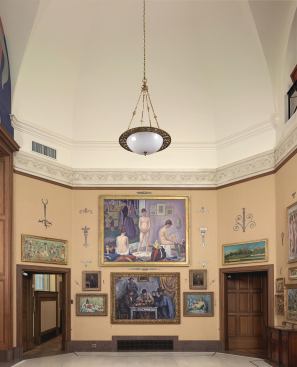 A gallery in the old Barnes (Cezanne's The Card Players is at center) illustrates Barnes's unique method of hanging his collection.