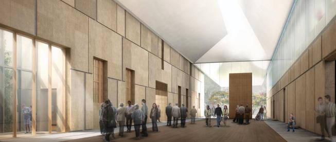 A rendering of the new Barnes showing the new building's central court, with its hand-chiseled limestone slabs and a carpet of wood salvaged from the old Coney Island boardwalk.
