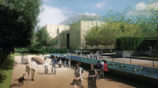 A rendering of the new Barnes showing a garden included in the processional entrance to the building.