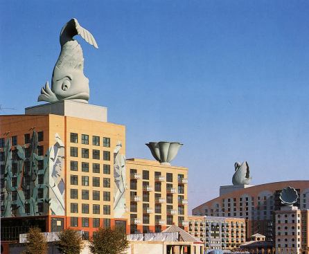 Detail of the iconic dolphin and swan statues on top of the hotels.