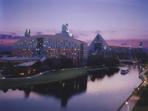 The Swan and Dolphin Hotels at night.
