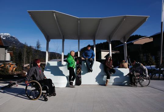 When designing bus shelters for the 2010 Olympic Village at Whistler, B.C. (the village was also used for the Paralympic Games), Urban Movement Design used solid surfaces to achieve their ergonomic forms. The firm partnered with Associated Fabrication, whose staff thermoformed the solid surface in a platen oven, heating sheets of the material to 350 F and then drawing them down over MDF molds.