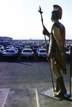 A Roman soldier stands guard over a casino in Las Vegas.