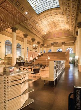 An essay in the potential of digital design, the new Fleet Library at RISD incorporates furniture such as the circulation desk (in foreground) and a multifunctional study pavilion (in background) made of low-cost materials that are affordably customized by digital fabrication techniques.