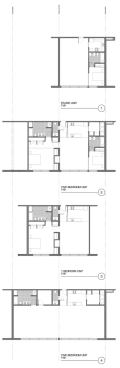 The pattern of staggered trusses, shown in the structural diagram below, allows for long spans with no columns and hence a variety of studio, one-, and twobedroom apartments. 