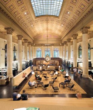 Informal "living room" and circulation pavilion, viewed from the reading platform. 