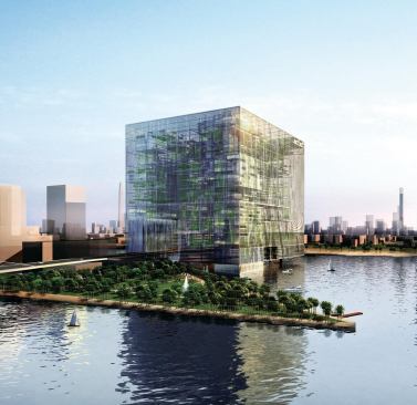 Situated in a cove on the Dubai waterfront, the Matrix Gateway Complex is a 180-meter mixed-use cube that rests above the water and in between two landmasses. A road passes through the center of the mega-building, and boats can pass under the exterior walls of the cube, which is adjacent to a 1-million-square-foot park.