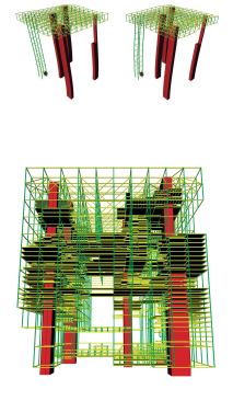 A 3D model of the structure shows the network of concrete cores (red) and tension columns (green) organized into an 18-meter grid that supports the structure. To account for the high winds that are common in the region, team members conducted studies to visualize the truss and core deflection with high winds blowing from different directions.