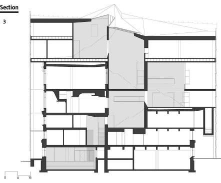 A series of double-height spaces (highlighted in gray) spiral up the center of the building. Linked by staircases and largely unprogrammed, the spaces can be used for critiques, events, and as lounges.

