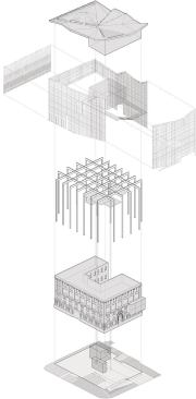 An exploded axonometric shows how the skin and expanded academic spaces fit around the existing building.