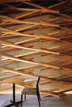 While the effect is delicate, there is an unexpectedly large amount of wood used in the space: Laid end-to-end, the total length of cedar sticks used in the space is over 2.7 miles.