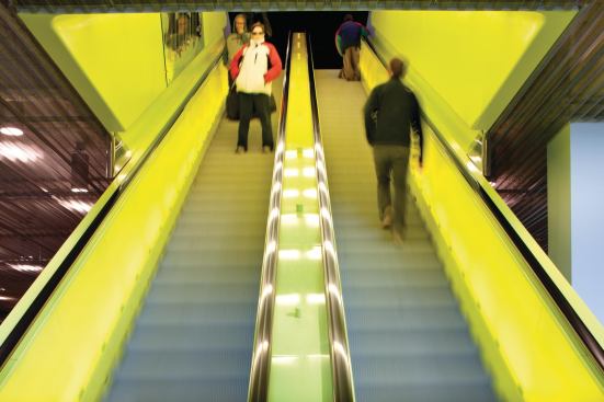 The chartreuse elevators in the library,
hip in 2004, seem a little dated now.