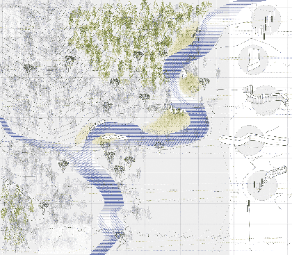 Plan of Built Interventions in the River, shown before and after plant proliferation