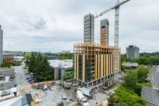 Brock Commons features two concrete stair cores and a hybrid wood-and-steel floor structure.