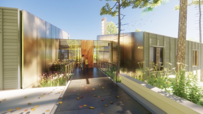 Renderings for the entry and the kitchen in Heron House, a residence along Texas’ Buffalo Bayou.